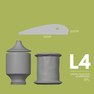 Pode incluir: Uma renderização digital de objetos imprimíveis em 3D. A imagem apresenta um design abstrato cinza, incluindo uma forma de lâmina (12 cm de comprimento) e duas formas cilíndricas. O texto "L4" e "ARQUIVOS DIGITAIS PARA IMPRESSORAS 3D STL" também estão presentes.