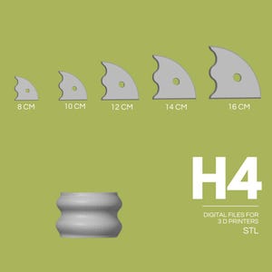 May include: A collection of gray, curved tools with a hole, ranging from 8 cm to 16 cm in size, and a cylindrical object. The text "H4" and "DIGITAL FILES FOR 3 D PRINTERS STL" are also visible.