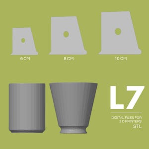 Pode incluir: Uma imagem de design digital com modelos 3D cinzentos para impressoras 3D. A imagem inclui três formas cinzentas angulares com um buraco, rotuladas 6 cm, 8 cm e 10 cm. Duas formas cilíndricas e cónicas também são mostradas. O texto "L7" e "DIGITAL FILES FOR 3D PRINTERS STL" também estão presentes.