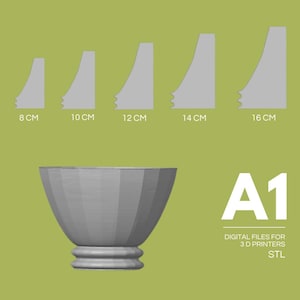 May include: A gray 3D-rendered bowl with a rounded base, accompanied by five gray, stylized brackets of varying heights, labeled 8 cm, 10 cm, 12 cm, 14 cm, and 16 cm. The image also includes the text "A1" and "DIGITAL FILES FOR 3 D PRINTERS STL".