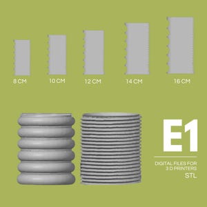 May include: A collection of gray 3D-printed objects, including five rectangular pieces with serrated edges, ranging from 8 cm to 16 cm in height. Two cylindrical designs are also shown. The image includes the text "E1" and "DIGITAL FILES FOR 3 D PRINTERS STL".