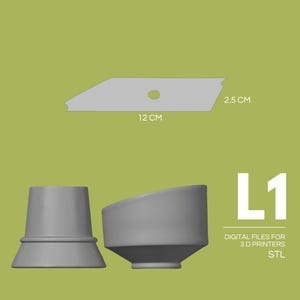 Pode incluir: Uma representação digital de um objeto cinza com formato de lâmina, medindo 12 cm de comprimento e 2,5 cm de largura, e dois objetos cilíndricos cinza. O texto "L1" e "ARQUIVOS DIGITAIS PARA IMPRESSORAS 3D STL" também estão presentes.