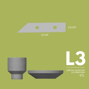 May include: A gray, angled blade with two holes, measuring 12 cm long and 2.5 cm wide. Below, a gray cup and a saucer are displayed. The image includes the text "L3" and "DIGITAL FILES FOR 3D PRINTERS STL".