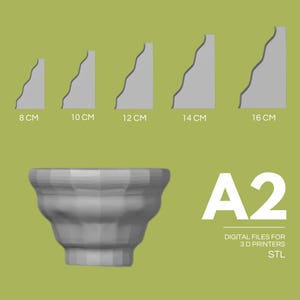 May include: A digital rendering of architectural molding profiles in various sizes, ranging from 8 cm to 16 cm. Below the profiles is a 3D model of a decorative vase. The image includes the text "A2" and "DIGITAL FILES FOR 3 D PRINTERS STL".