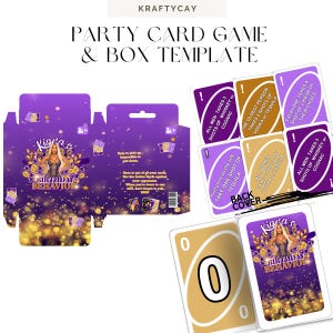 May include: A party card game and box template titled Kiana's Birthday Behavior. The purple and gold design features a person in a black dress, game instructions, and multiple playing cards with text instructions for taking shots of alcohol.