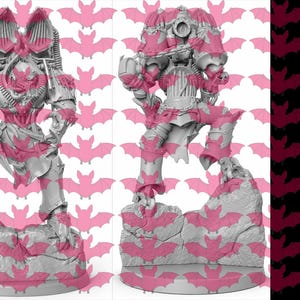 May include: A grey miniature figurine of a heavily armored warrior standing on a rocky base, shown from both front and back perspectives. The figure features intricate mechanical details, a large backpack with wing-like structures, and a sword.