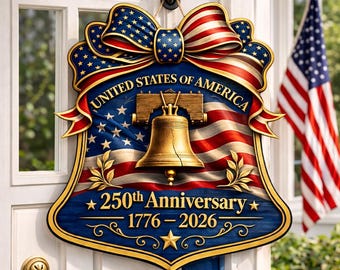 America 250th Anniversary Bell Wood Wreath, Semiquincentennial 1776-2026, Patriotic Door Sign