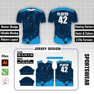 May include: Blue and black jersey design with the text "PLAYER 42". The design includes the text "Vector Design", "Editable Mockup", "Pattern Layout", "Sewing Pattern", "Fonts & Colors", and "3 File Formats". The jersey is available in youth and adult sizes.
