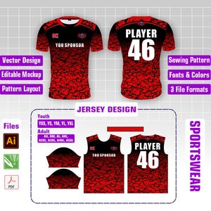 May include: A red and black jersey design with the text "YOU SPONSOR" and "PLAYER 46". The design includes a vector design, editable mockup, and pattern layout. Available in youth and adult sizes. Includes sewing pattern, fonts & colors, and 3 file formats.