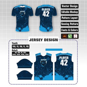 以下が含まれることがあります： ネイビーブルーのジャージデザイン。スプラッターパターンと「ESONOT」と「PLAYER 42」のテキスト。 ベクターデザイン、編集可能なモックアップ、パターンレイアウト、縫製パターン、フォントと色が含まれています。 ユースと大人サイズで利用できます。