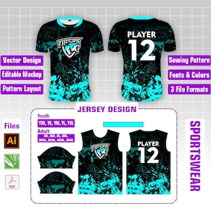 Könnte beinhalten: Schwarz-türkisfarbenes Trikot-Design mit dem Text "Tigers" und "Player 12". Das Design umfasst Vektordesign, editierbares Mockup und Musterlayout-Optionen. Erhältlich in Jugend- und Erwachsenengrößen. Enthält 3 Dateiformate.