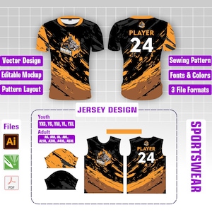 Könnte beinhalten: Schwarz-oranges Sporttrikot-Design mit dem Wort "ANUBIS" und einer Wolfsgrafik. Das Trikot hat die Nummer 24 auf dem Rücken. Enthält Vektordesign, editierbares Mockup, Musterlayout, Schnittmuster, Schriftarten & Farben und 3 Dateiformate.