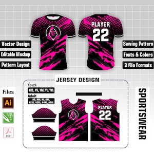 Puede incluir: Una plantilla de diseño de camiseta digital con un patrón gráfico en negro y rosa, un logotipo de personaje con capucha en la parte delantera y el texto PLAYER 22 en la parte trasera. El diseño incluye vistas frontales, traseras y tallas.
