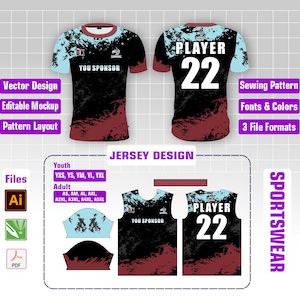 May include: A sportswear jersey design with a black and burgundy color scheme. The front of the jersey has the text "YOU SPONSOR" and the back has "PLAYER 22". The design includes vector design, editable mockup, and pattern layout options.