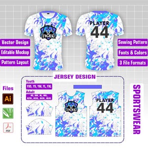 May include: A white and blue jersey design featuring a tiger logo and the word "TIGER". The jersey has the number 44 on the back. The design includes vector design, editable mockup, and pattern layout options. The image also shows file formats and size options.
