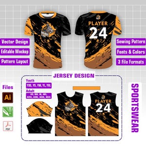 Può includere: Design di maglia sportiva nera e arancione con logo lupo e la scritta "ANOURIS". La maglia presenta il numero 24 e la scritta "PLAYER". Include design vettoriale, mockup modificabile e opzioni di layout. Abbigliamento sportivo.