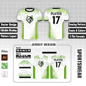 May include: A white and lime green sports jersey design featuring a wolf head logo on the chest and the text PLAYER 17 on the back. The graphic includes a marble-like pattern, vector design elements, and size charts for youth and adult apparel.