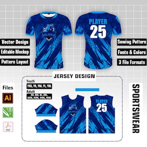 May include: Blue sports jersey design with the text "BEARS" and a bear logo. The jersey features a dynamic pattern of blue brushstrokes. The back of the jersey displays "PLAYER 25". Includes vector design, editable mockup, and pattern layout options.