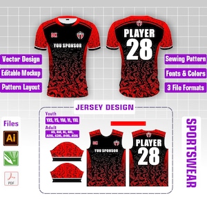 Sublimation Jersey Design Mockup with Sewing Pattern layouts for Men's & Youth Sizes | Vector Files (AI, CDR, PDF) | Digital Download