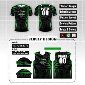 Könnte beinhalten: Schwarz-grünes Trikotdesign mit einem Löwenlogo und dem Text "THE LIONIC". Das Trikotdesign enthält den Text "PLAYER 00" auf der Rückseite. Das Bild zeigt auch den Text "JERSEY DESIGN", "Vector Design", "Editable Mockup", "Pattern Layout", "Sewing Pattern" und "Fonts & Colors".