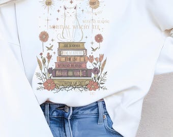 Celestial -Cat Shirt  Witchy Moon & Stars Tee with Floral Magic, Dark Cottagecore Book Lover Gift for Cat Mom - Goth