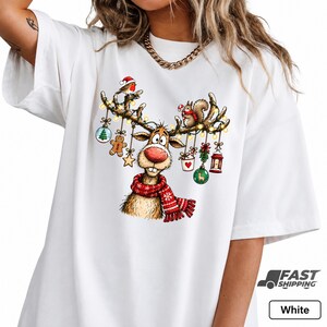 Sudadera vintage de reno, camiseta navideña con estampado bonito, camiseta navideña con animales del bosque, ropa divertida de reno, regalo festivo de invierno