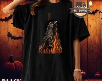 Burning Stake Skeleton Shirt, Gothic Witch Cigarette Tee, Dark Humor Halloween Tshirt, Spooky Horror Graphic, Witchy Woman Gift