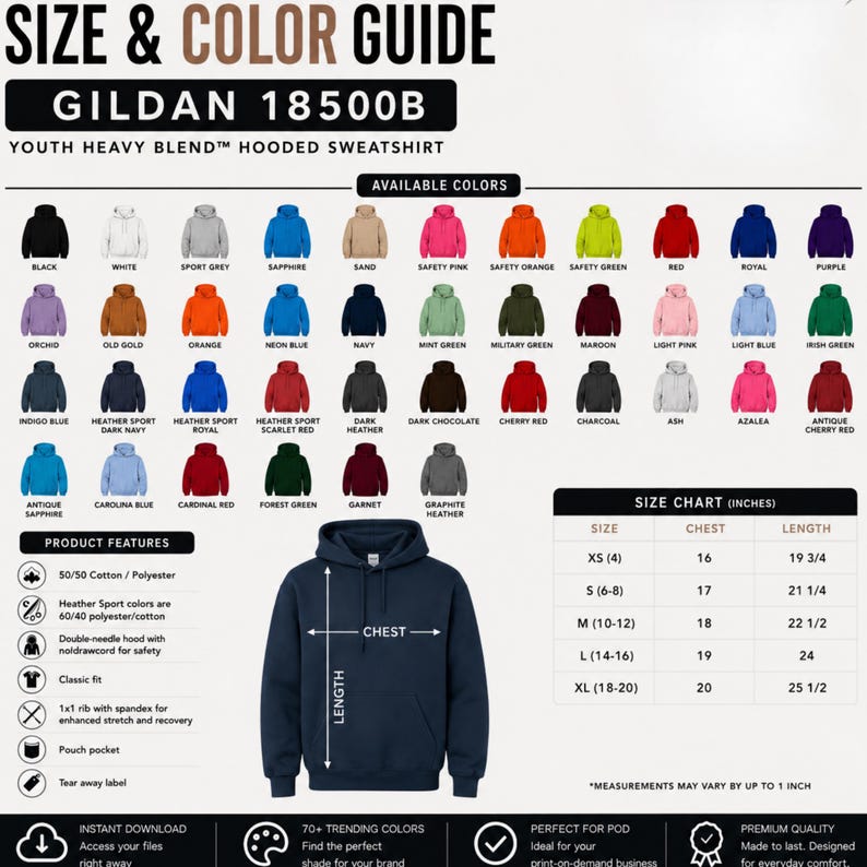 May include: A Gildan 18500B youth heavy blend hooded sweatshirt size and color guide. Includes a color palette with names, a size chart in inches for sizes XS to XL, and a diagram of a navy blue hoodie showing chest and length measurements.