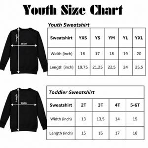 May include: A Youth Size Chart featuring two black sweatshirts with white arrows indicating length and width measurements. The table lists sizes YXS to YXL and 2T to 5-6T with corresponding width and length dimensions in inches for each size.