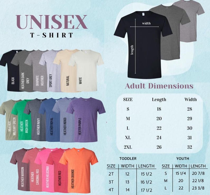 Puede incluir: Una colecci&oacute;n de camisetas de manga corta en varios colores, incluyendo negro, gris, blanco, verde, azul, morado, rojo y naranja. La imagen incluye una tabla de tallas con medidas de largo y ancho en pulgadas para adultos, ni&ntilde;os y j&oacute;venes.