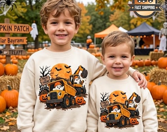 Halloween Construction Sweatshirt, Boys Ghost Excavator Sweatshirt, Cute Dump Truck Toddler Tee, Spooky Season Graphic, Toddler Boy Gift
