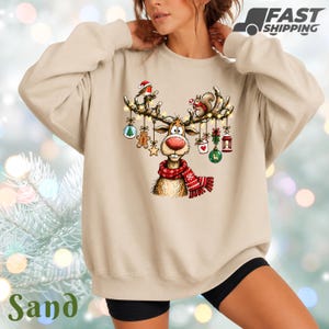 Sudadera vintage de reno, linda camiseta navideña de reno, divertida camiseta navideña de animales, estampado retro festivo de bosque, regalo para amantes de los animales