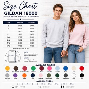 May include: A Gildan 18000 unisex heavy blend sweatshirt size chart featuring a table with width and length measurements in inches from S to 5XL, a diagram showing measurement points, and a color palette displaying twenty available fabric shades.