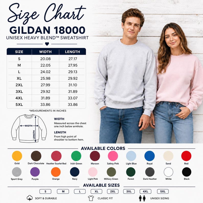 May include: A Gildan 18000 unisex heavy blend sweatshirt size chart featuring a table with width and length measurements in inches from S to 5XL, a diagram showing measurement points, and a color palette displaying twenty available fabric shades.