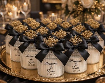 Personalized Wedding Candle Favors, Bridal Shower Keepsake, Elegant Black Ribbon Decoration