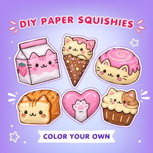 Puede incluir: Un set de seis squishies de papel para hacer uno mismo con ilustraciones de gatos, incluyendo un cartón de leche, un helado, un rollo de canela, un pan, un corazón con una huella y un cupcake. El texto dice DIY PAPER SQUISHIES y COLOR YOUR OWN.