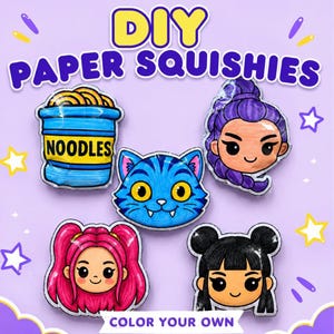 Op de afbeelding: Vijf DIY papieren squishies met een blauwe noedelbeker, een blauw kattengezicht en drie karakterhoofden met paars, roze en zwart haar. De tekst DIY PAPER SQUISHIES en COLOR YOUR OWN staat op een lichtpaarse achtergrond met sterren.