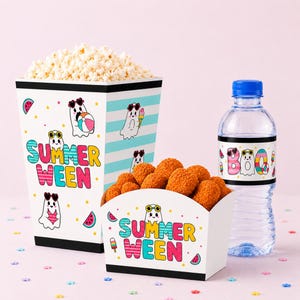 May include: A popcorn container and a smaller snack box filled with popcorn and fried chicken nuggets, both decorated with ghosts and the text SUMMER WEEN, alongside a clear plastic water bottle with a label featuring ghosts and the text BOO.