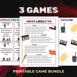 May include: A printable game bundle with three games: "Would You Rather," "Most Likely To," and "Twister." The games have a retro theme with images of a cassette tape, a baseball cap, and a walkie-talkie. The text "Friends Don't Lie" is also visible.