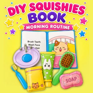 Puede incluir: Un set DIY Squishies Book Morning Routine que incluye un libro azul con ilustración de gato, un lavabo morado, un cepillo de dientes azul, una bolsa amarilla con cara de gato, un tubo de pasta dental verde, un cepillo y jabón rosa.