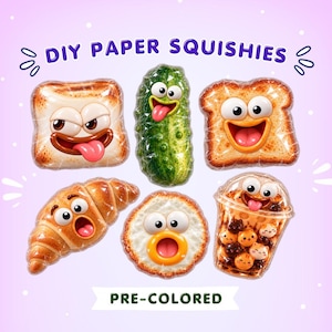 Puede incluir: Una colección de DIY PAPER SQUISHIES PRE-COLORED con figuras de comida estilo dibujos animados, incluyendo dos rebanadas de pan tostado, un pepinillo verde, un croissant, un huevo frito y un vaso de té de burbujas, envueltos en plástico.