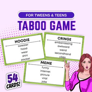 May include: A Taboo Game for Tweens & Teens with 54 cards. The game features cards with words like "Hoodie", "Cringe", and "Meme". A cartoon woman points to the "Meme" card.