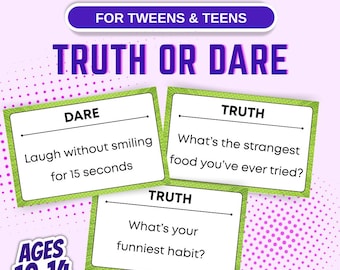 Juego de Verdad o Reto para preadolescentes y adolescentes • Tarjetas imprimibles para cumpleaños y fiestas de pijamas