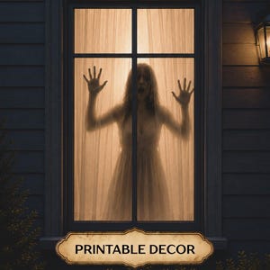 May include: A rectangular window with a black frame and sheer white curtains, showing the silhouette of a figure with hands pressed against the glass. Below the window is a decorative beige label with the text PRINTABLE DECOR in black letters.