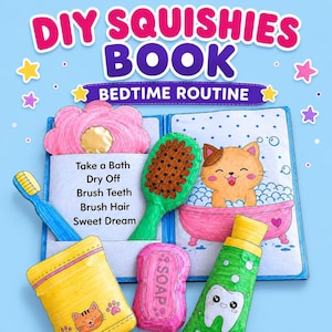 Può includere: Un libro di squishies fai-da-te intitolato Bedtime Routine con un gatto di carta in una vasca da bagno, uno spazzolino blu, una spazzola verde, un asciugamano giallo con un gatto, una saponetta rosa e un tubetto di dentifricio verde.