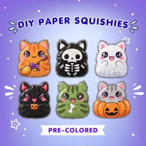 Op de afbeelding: Zes DIY papieren squishies met Halloween-katontwerpen, waaronder een oranje kat met een bezem, een skeletkat, een witte spookkat, een zwarte kat met een pompoen, een groene kat met een bot en een grijze kat in een pompoen. Tekst: DIY PAPER SQUISHIES en PRE-COLORED.