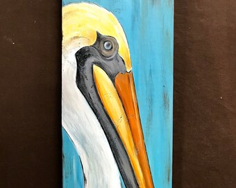 Pelican Painting on Wood, Pelican Painting, Pelican Art, Pelican, Brown Pelican, Coastal Art, 5x19, Beach House Decor, Made to Order