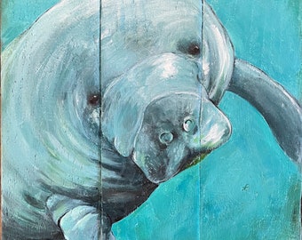 Manatee Painting, Manatee Art, Marine Conservation Art, Beach Pallet Art, Ocean Art, Coastal Decor, Coastal Art, Tropical Painting, Florida