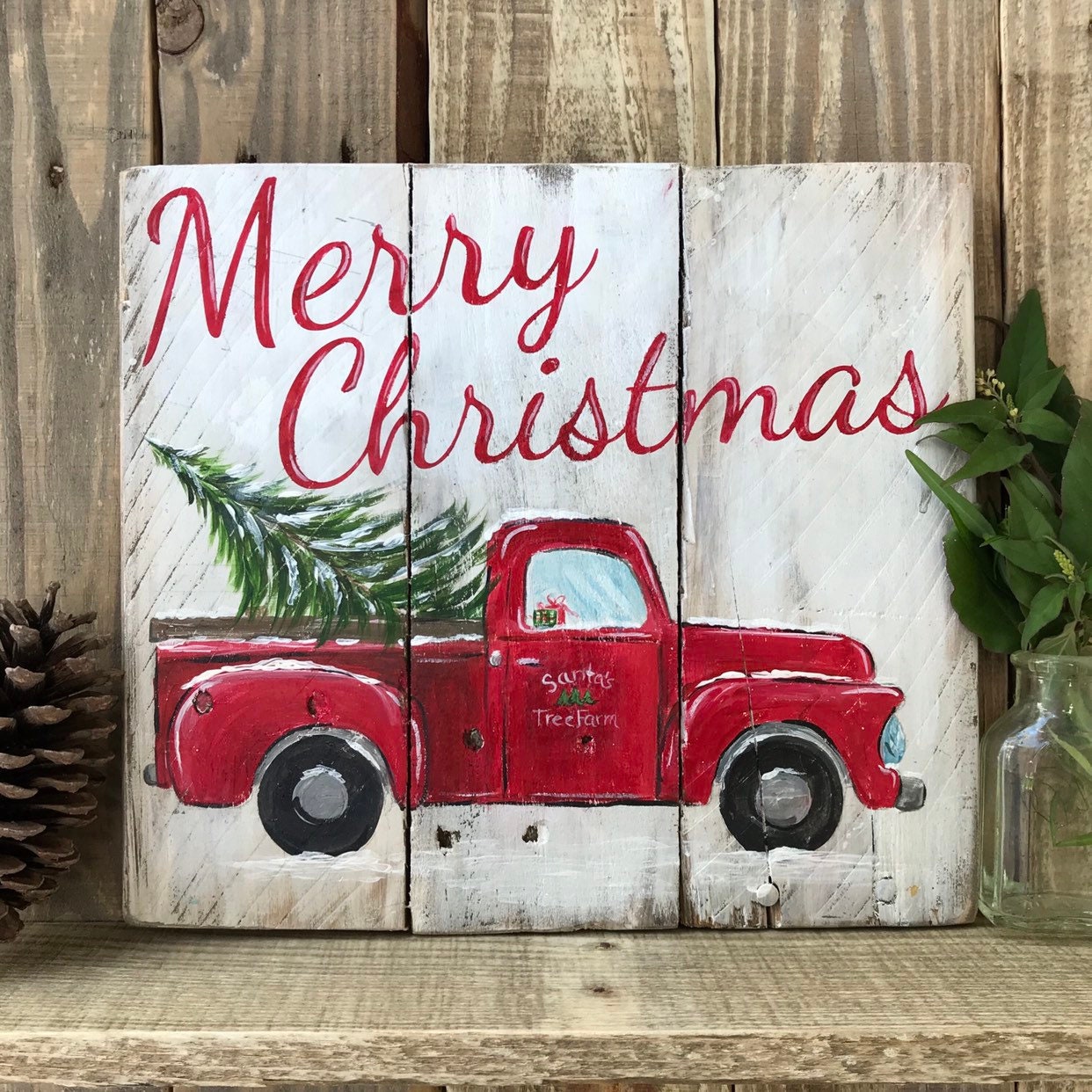 Merry Christmas Truck Painting Old Red Truck Christmas Tree | Etsy