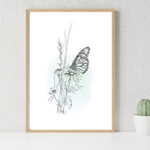Butterfly Wall Art Print, Printable Art, Floral Butterfly Wall Art, Minimalist Butterfly Art Download, Wall Decor, Digital Download